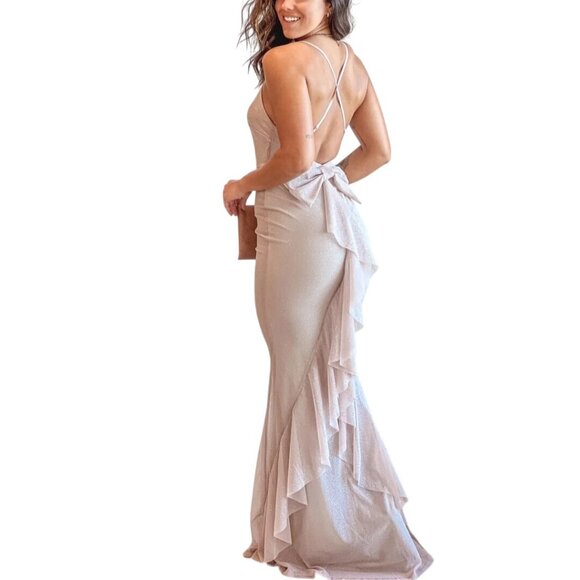 Lovely Day Ivory Glitter Maxi Dress Bow Ruffle Detail Sparkle Size S - Picture 7 of 14